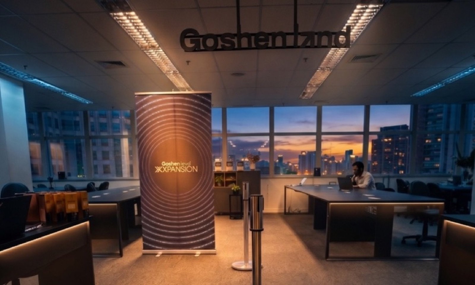 Recepção do Goshen Hub com vista da cidade